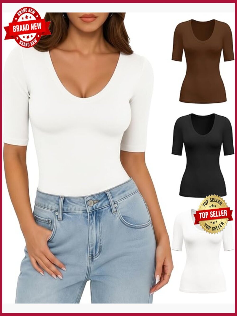 Half Sleeve Scoop Neck Slim Fit T Shirts 3 Pack Casual Trendy Top